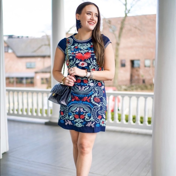 FoxieDox Embroidered Blue Sierra Mini Dress Navy - Picture 1 of 2